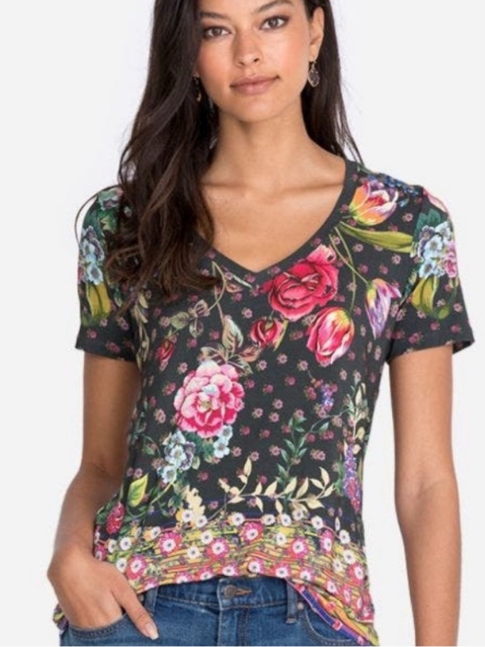 Johnny Was Naomi Favorite Boho Floral V-Neck Tee Dark Gray Size M